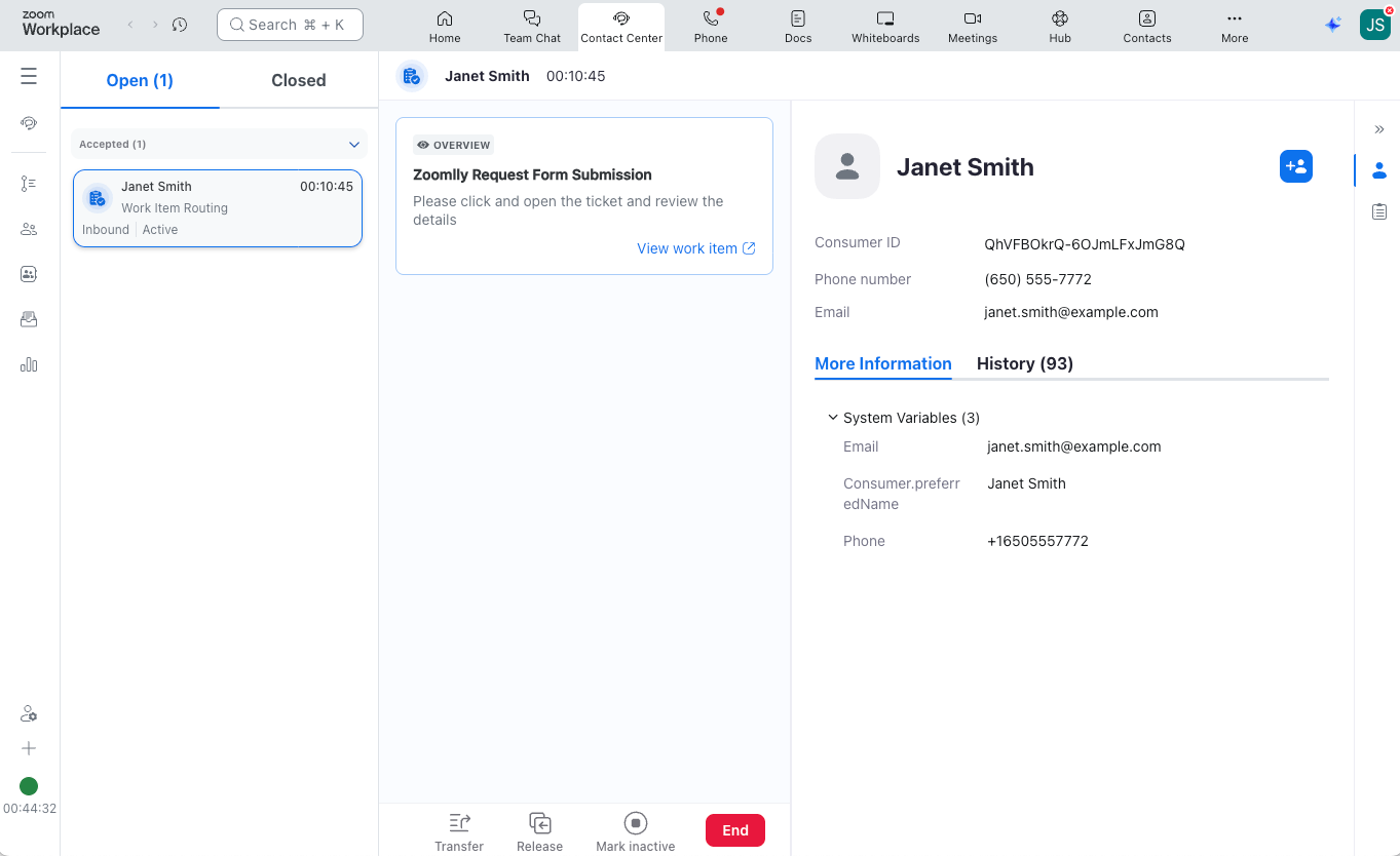 Image showing an example of a routed Work Item in the Zoom Contact Center tab of the Zoom Workplace app.