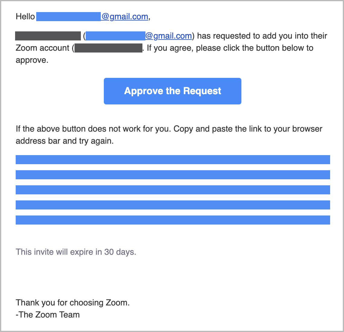 Screenshot of an account invitation email with a link to approve the request