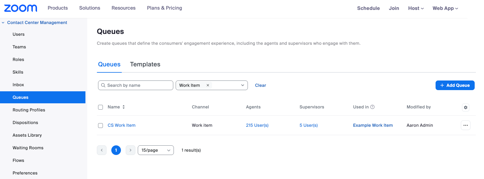 Image showing a Call Queue named 'Work-Item'