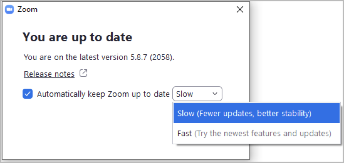 An image of a popup screen saying "You are up to date". There's a check box with the option to automatically update Zoom, which gives options for slow or fast updates.