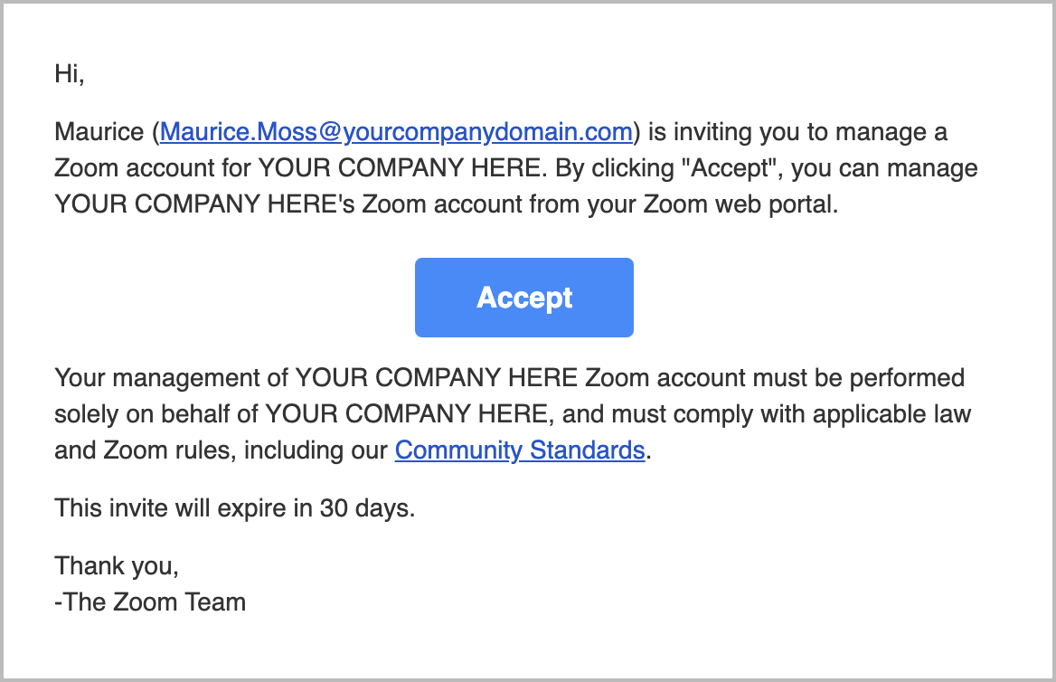 Example of the email users receive when invited to be an delegated administrator
