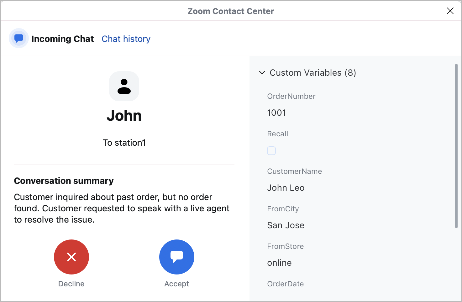 An image demonstrating a conversation summary from a transferred call