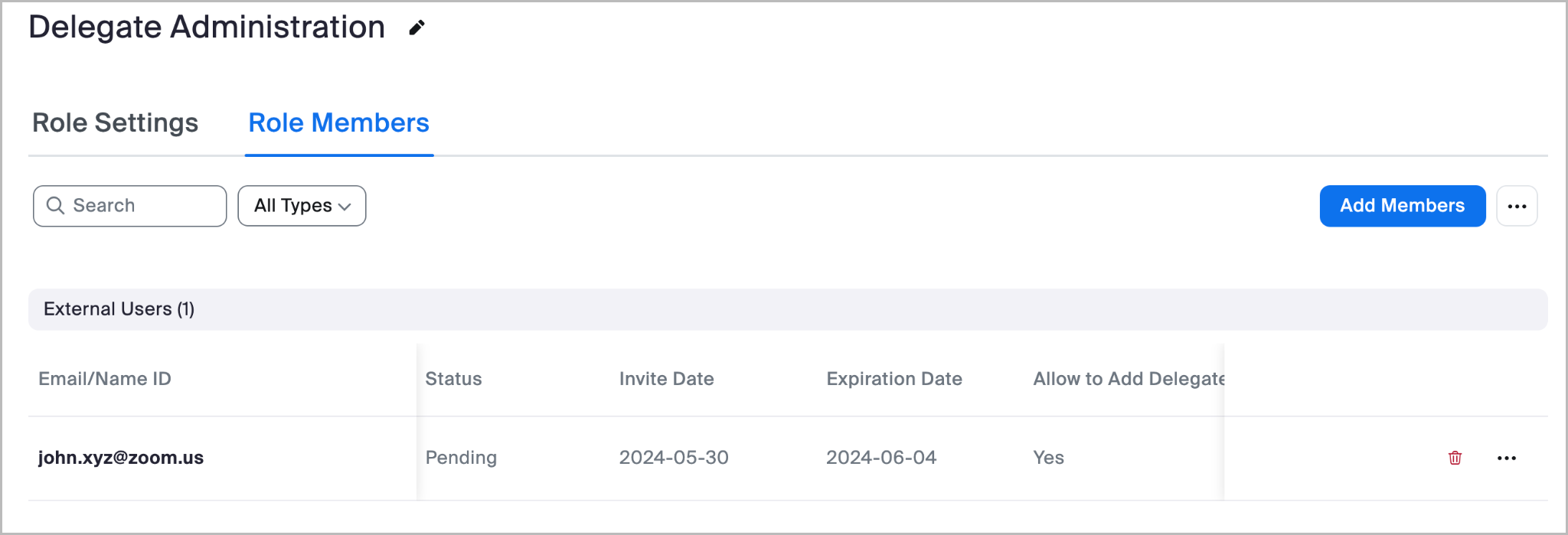 Example of viewing the current list of delegated admins